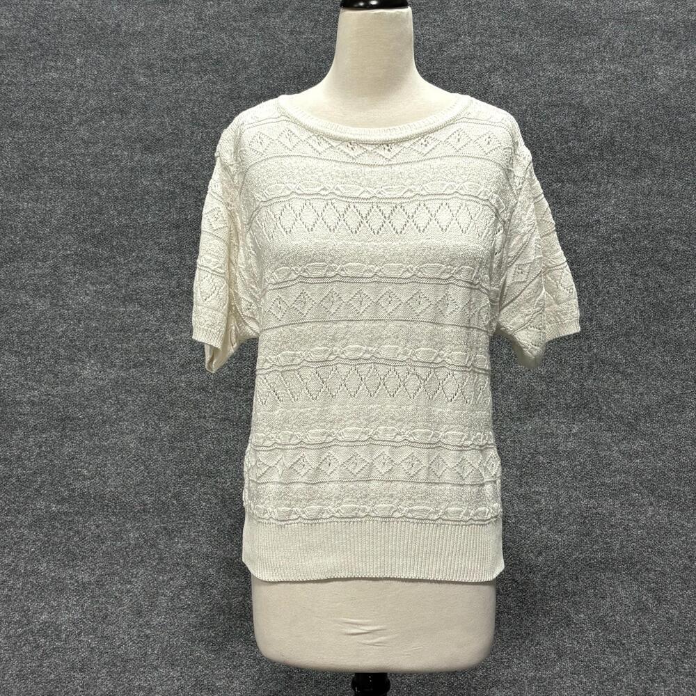 Liz Claiborne Collection Sweater Womens Large White Open Knit Short Sleeve Top